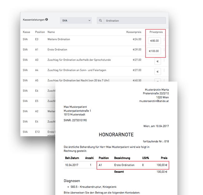 Kassenleistungen in Honorarnote anzeigen