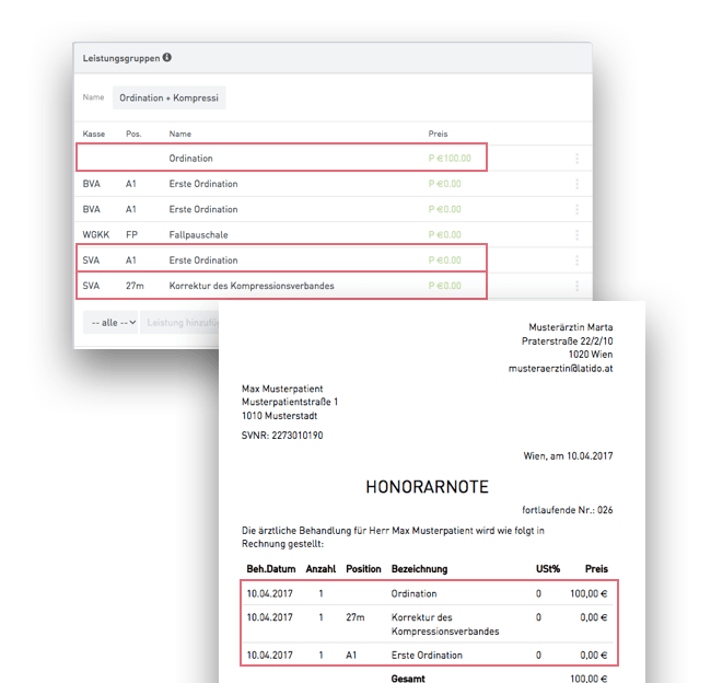 Kassenleistungen und Privatleistungen in Honorarnote