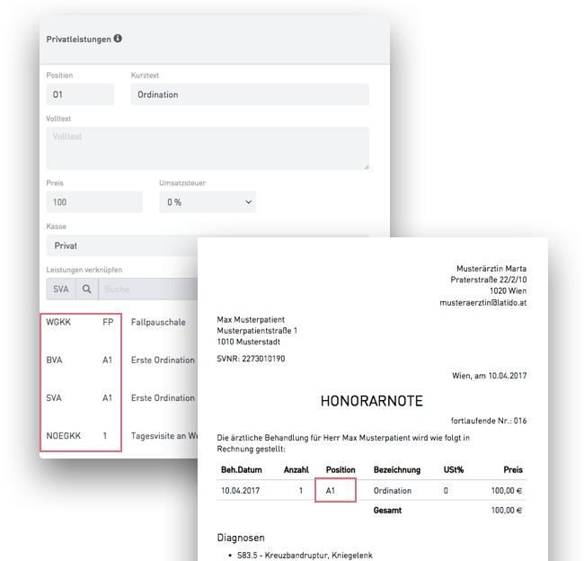 Kassenleistungen Position in Honorarnote anzeigen