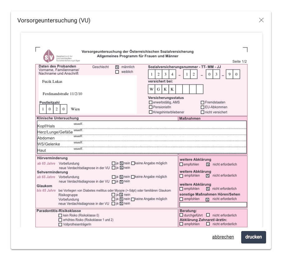 Vorsorgeuntersuchungen - Das Vorsorgeuntersuchungsformular integriert in Latido