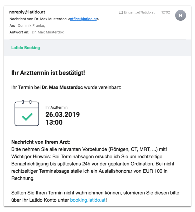 Online-Terminvereinbarung Bestätigungsmail für den Patienten